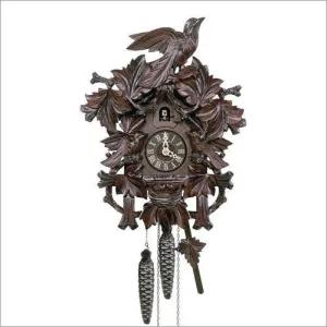14" 6 Leaves and 3 Birds Black Forest Mahogany German Cuckoo Clock