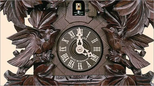 14" 6 Leaves and 3 Birds Black Forest Mahogany German Cuckoo Clock