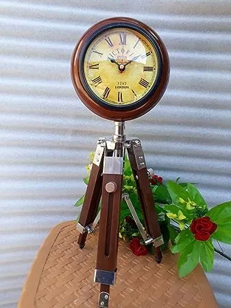 A R S Enterprises 5 inch Wooden Table Clock with Adjustable Tripod Stand Heavy Quality (Brown)