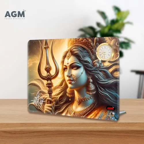AGM Acrylic Maa Durga Desktop Photo Stand With Small Clock 8x6 inches (Landscape), Table-top for Home, Office, Workspace, Shelf, Religious Gift for Special Occasions (Adishakti Ambika, 3MM)