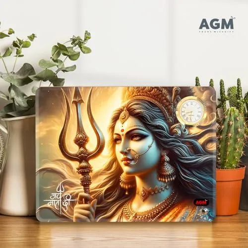 AGM Acrylic Maa Durga Desktop Photo Stand With Small Clock 8x6 inches (Landscape), Table-top for Home, Office, Workspace, Shelf, Religious Gift for Special Occasions (Adishakti Ambika, 3MM)
