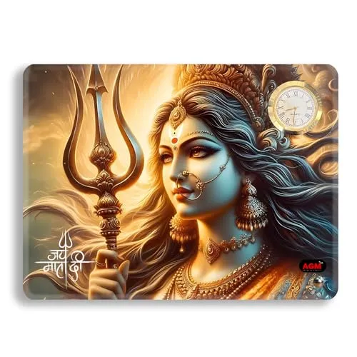 AGM Acrylic Maa Durga Desktop Photo Stand With Small Clock 8x6 inches (Landscape), Table-top for Home, Office, Workspace, Shelf, Religious Gift for Special Occasions (Adishakti Ambika, 3MM)