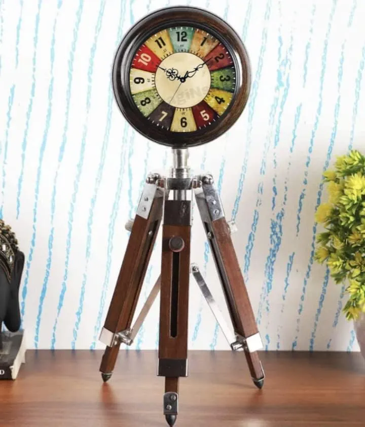 ANTIQUE NAUTICAL CREATIONS Tripod Table Clock with Wooden Base Multicolor English Numbers, Approximately 15 Inches Wooden Stand Clock.