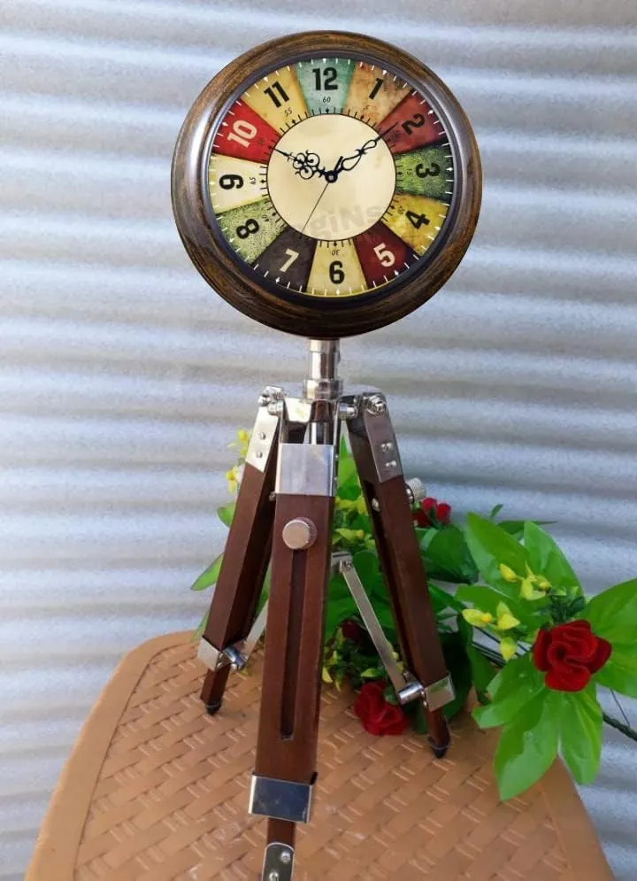 ANTIQUE NAUTICAL CREATIONS Tripod Table Clock with Wooden Base Multicolor English Numbers, Approximately 15 Inches Wooden Stand Clock.