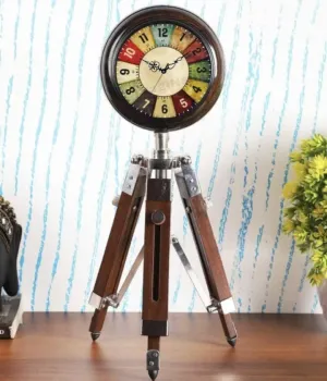 ANTIQUE NAUTICAL CREATIONS Tripod Table Clock with Wooden Base Multicolor English Numbers, Approximately 15 Inches Wooden Stand Clock.