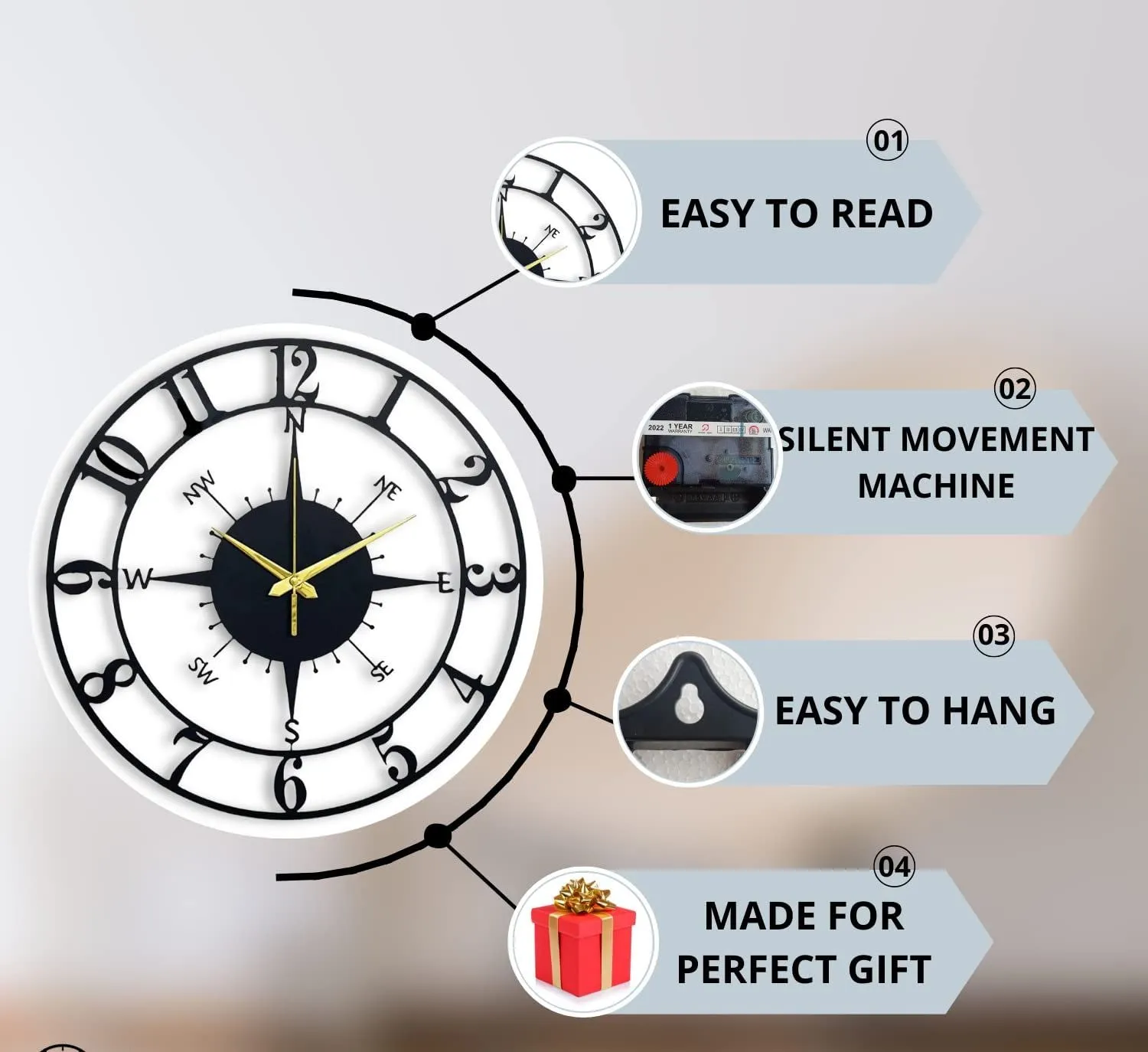 Arabs Stylish Metal Analog Wall Clock For Home And Hall, Living Room, Bedroom, Office, Antique Big Size Modern Wall Watch For Home Decor (Style 3, 40 Cm)(Matte Black)