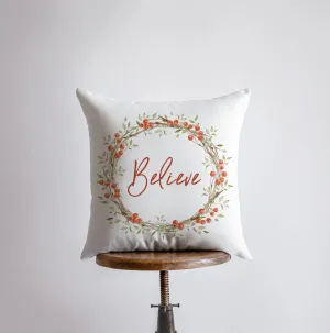 Believe with Berry Wreath Christmas Throw Pillow | Room Decor | Home Decor | Bedroom Decor | Home Decor Christmas | Christmas Throw Pillows