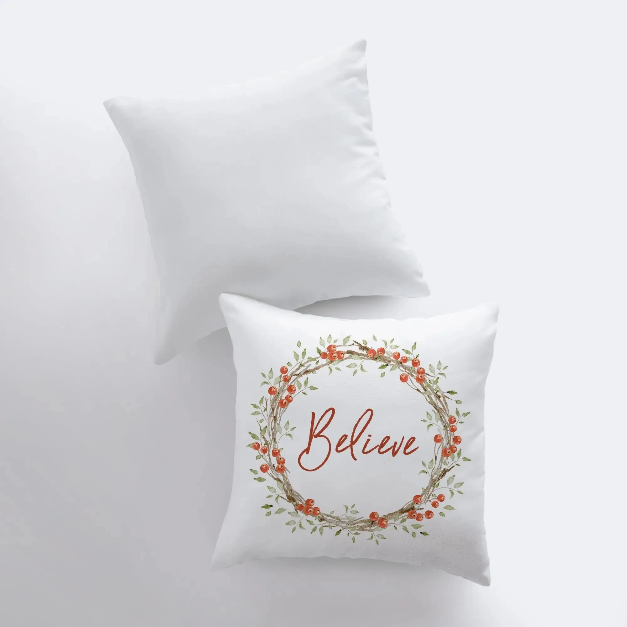 Believe with Berry Wreath Christmas Throw Pillow | Room Decor | Home Decor | Bedroom Decor | Home Decor Christmas | Christmas Throw Pillows