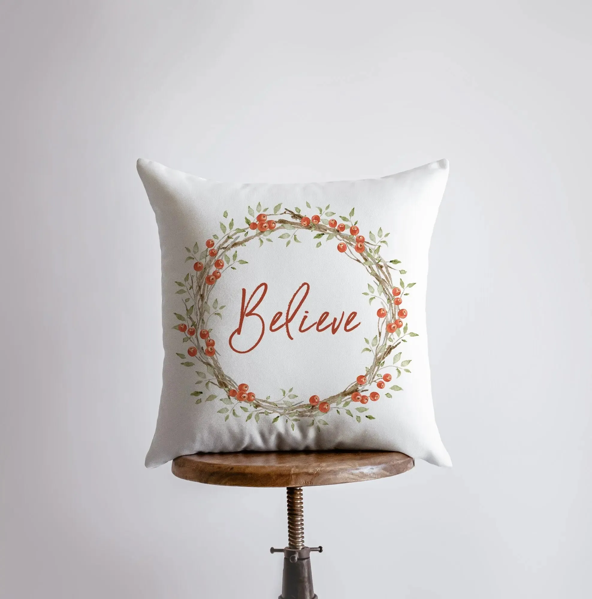 Believe with Berry Wreath Christmas Throw Pillow | Room Decor | Home Decor | Bedroom Decor | Home Decor Christmas | Christmas Throw Pillows