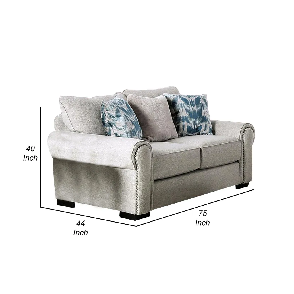 Beni 75 Inch Loveseat, Rolled Arms, 5 Pillows, Nailhead Trim, Beige, Blue By Casagear Home