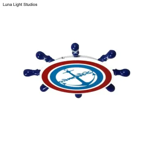 Blue Nautical Rudder Ceiling Light for Kids Bedroom with Anchor Acrylic Flush Design