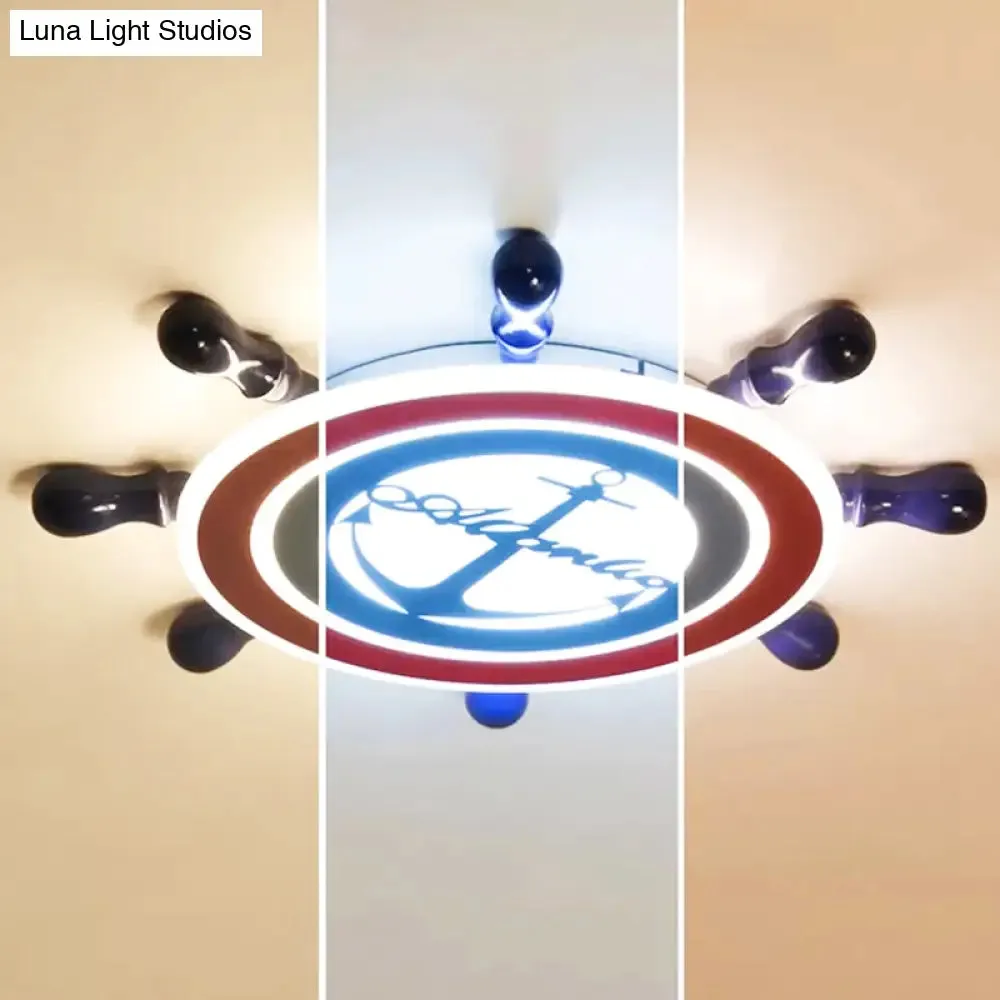 Blue Nautical Rudder Ceiling Light for Kids Bedroom with Anchor Acrylic Flush Design