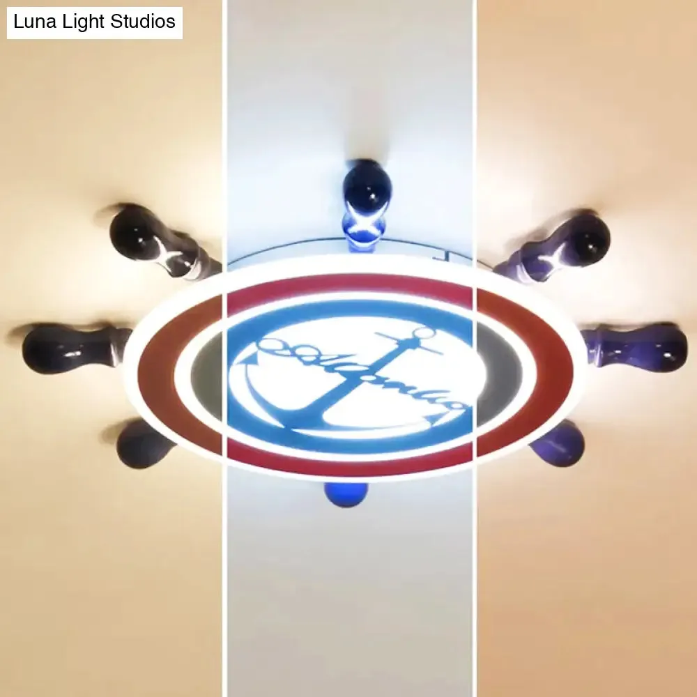 Blue Nautical Rudder Ceiling Light for Kids Bedroom with Anchor Acrylic Flush Design