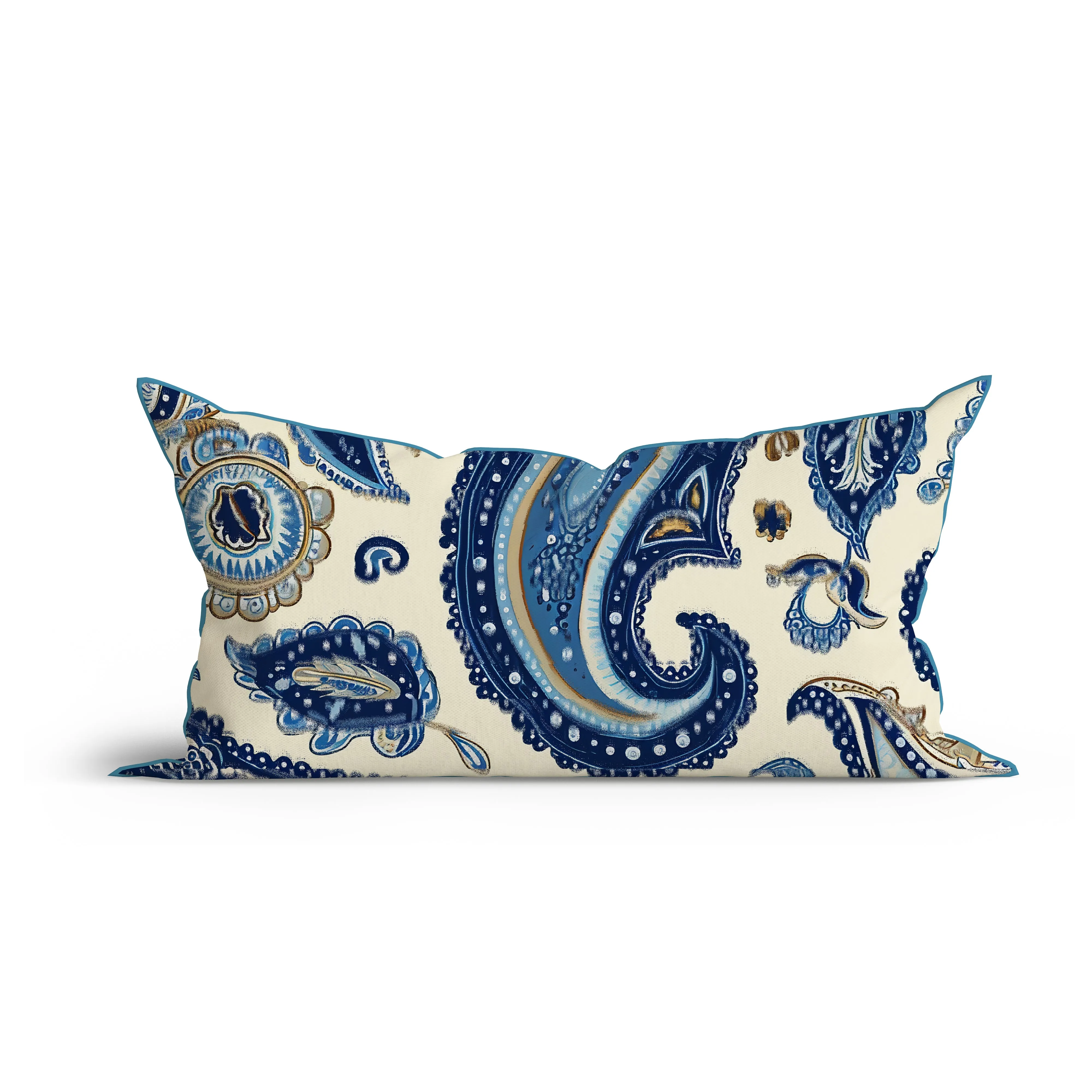 Boho Azure Paisley Elegance Printed Sofa Cushion Cover Set with Piping