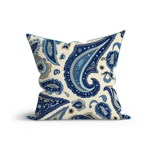 Boho Azure Paisley Elegance Printed Sofa Cushion Cover Set with Piping