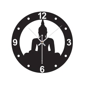 BONBELLA 3D Design MDF with Acrylic Buddha Design Wall Clock for Living Room, Bad Room, Home and Office on Wall Decoration/Numerical Round Shaped Wall Clock/Buddha Theme Clock/Color:Black (Dn-31)