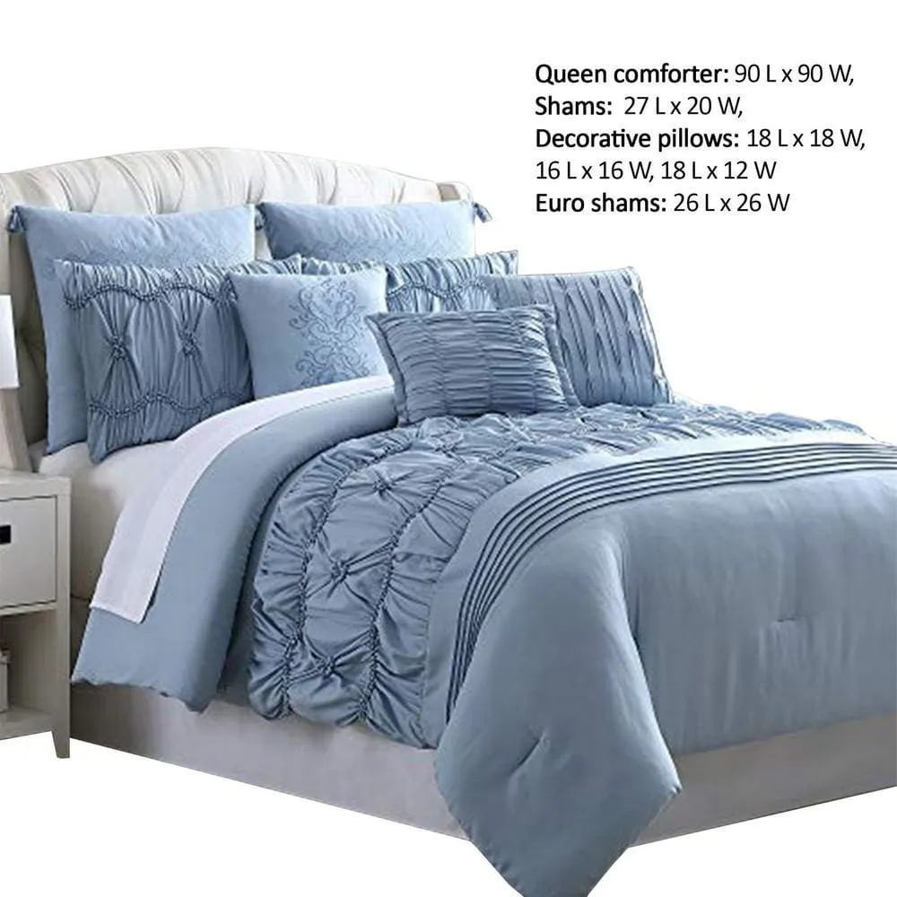 Bratislava 8 Piece Queen Comforter Set with Pinch Pleating , Blue By Casagear  Home