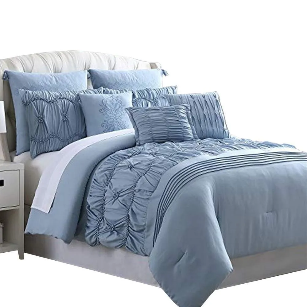 Bratislava 8 Piece Queen Comforter Set with Pinch Pleating , Blue By Casagear  Home