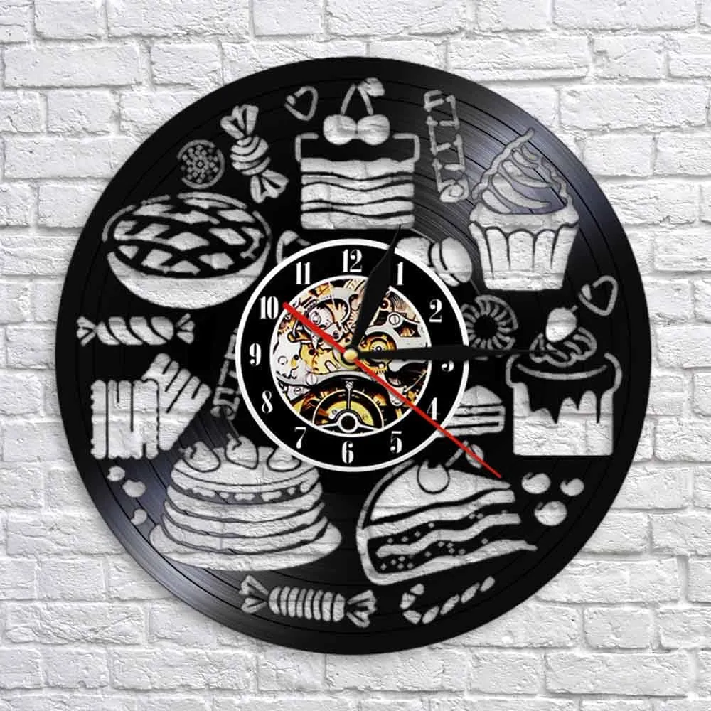 Bread Sweets Cupcake Wall Art Clock Bakery Sign Pastry Vinyl Record