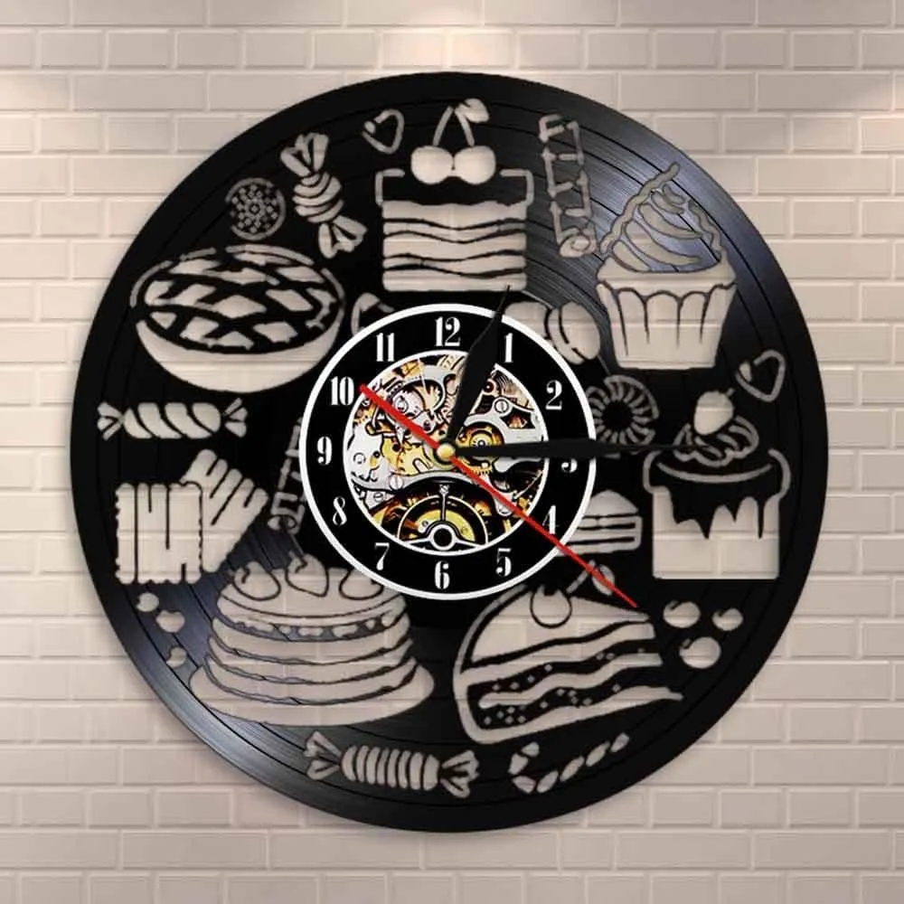 Bread Sweets Cupcake Wall Art Clock Bakery Sign Pastry Vinyl Record