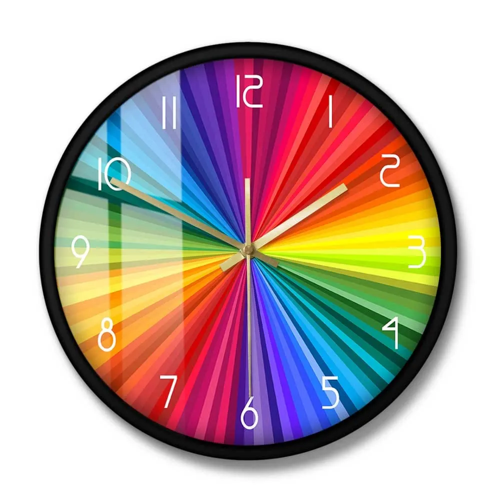 Bright Rainbow Ray Colorful Printed Wall Clock Rainbow Color Wheel Modern