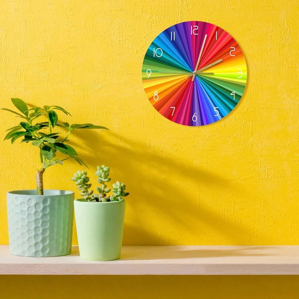 Bright Rainbow Ray Colorful Printed Wall Clock Rainbow Color Wheel Modern