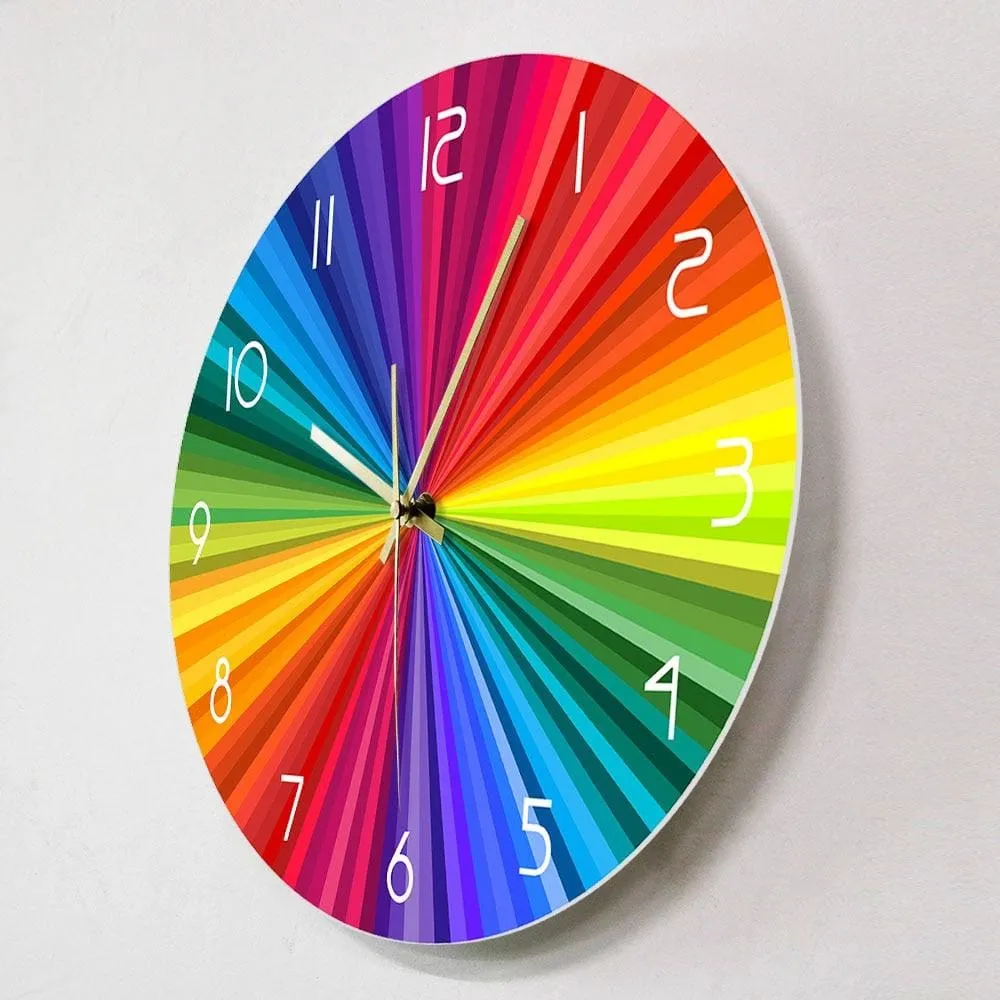 Bright Rainbow Ray Colorful Printed Wall Clock Rainbow Color Wheel Modern