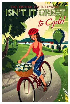 British Countryside "Cycling Girl" Vintage-Style Poster Print by Michael Crampton