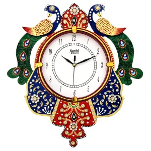 CIRCADIAN Ajanta Peacock Design Analog Wall Clock For Home Décor Living Room Hall Office Bedroom Fancy Stylish Antique Wooden Watch Hand Made Multi Colour 35 X 33 Cm Pack Of 1