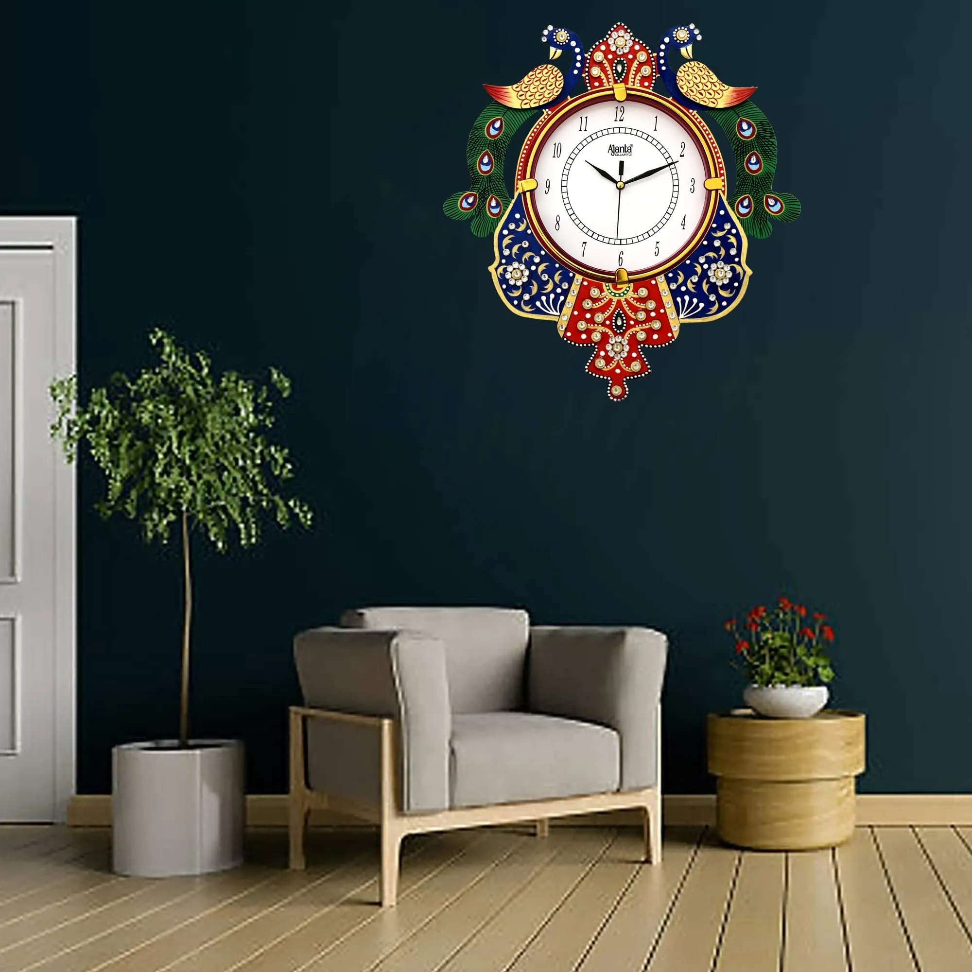 CIRCADIAN Ajanta Peacock Design Analog Wall Clock For Home Décor Living Room Hall Office Bedroom Fancy Stylish Antique Wooden Watch Hand Made Multi Colour 35 X 33 Cm Pack Of 1