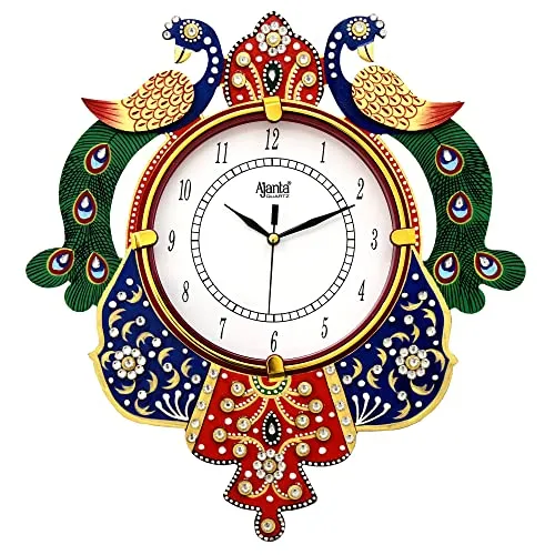 CIRCADIAN Ajanta Peacock Design Analog Wall Clock For Home Décor Living Room Hall Office Bedroom Fancy Stylish Antique Wooden Watch Hand Made Multi Colour 35 X 33 Cm Pack Of 1