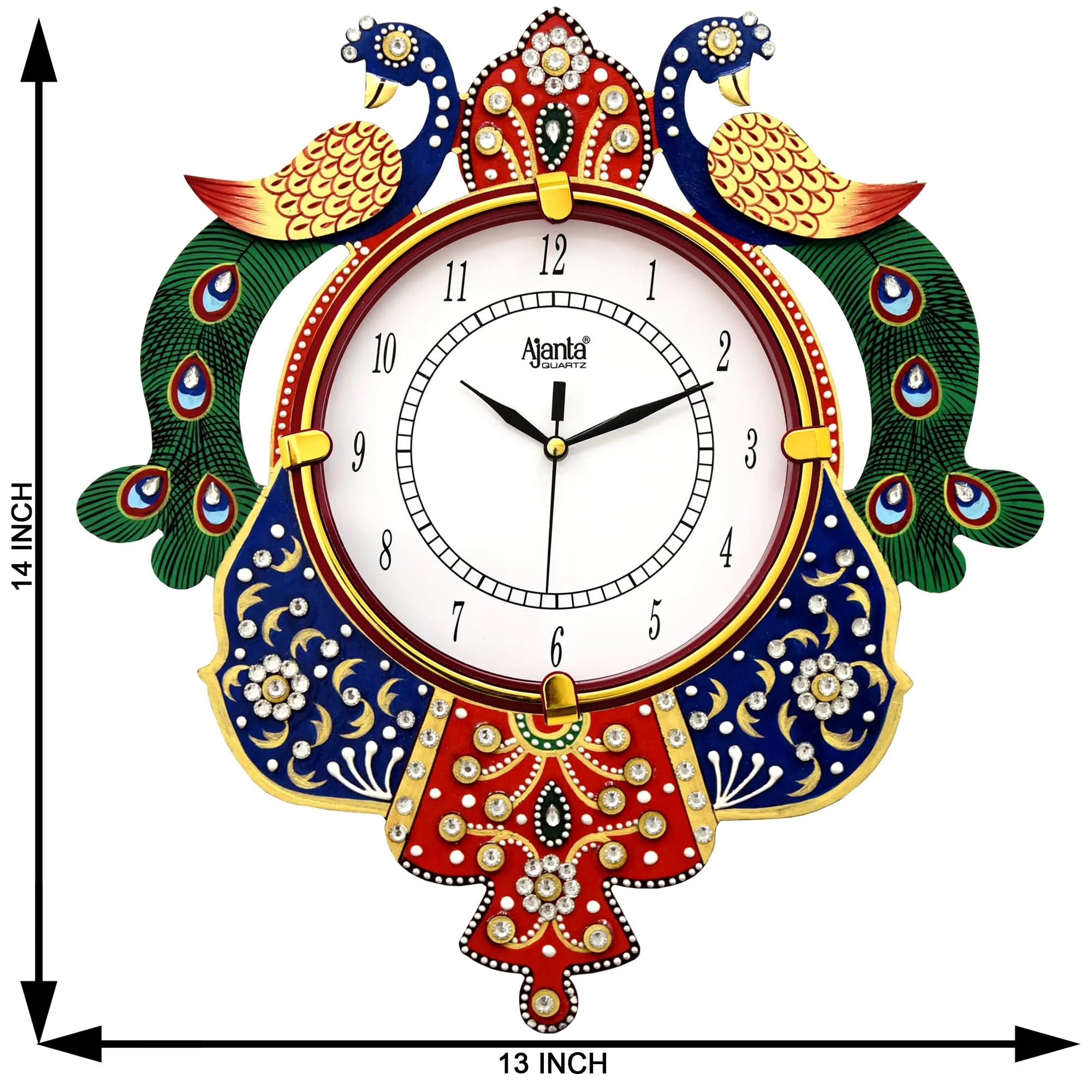 CIRCADIAN Ajanta Peacock Design Analog Wall Clock For Home Décor Living Room Hall Office Bedroom Fancy Stylish Antique Wooden Watch Hand Made Multi Colour 35 X 33 Cm Pack Of 1