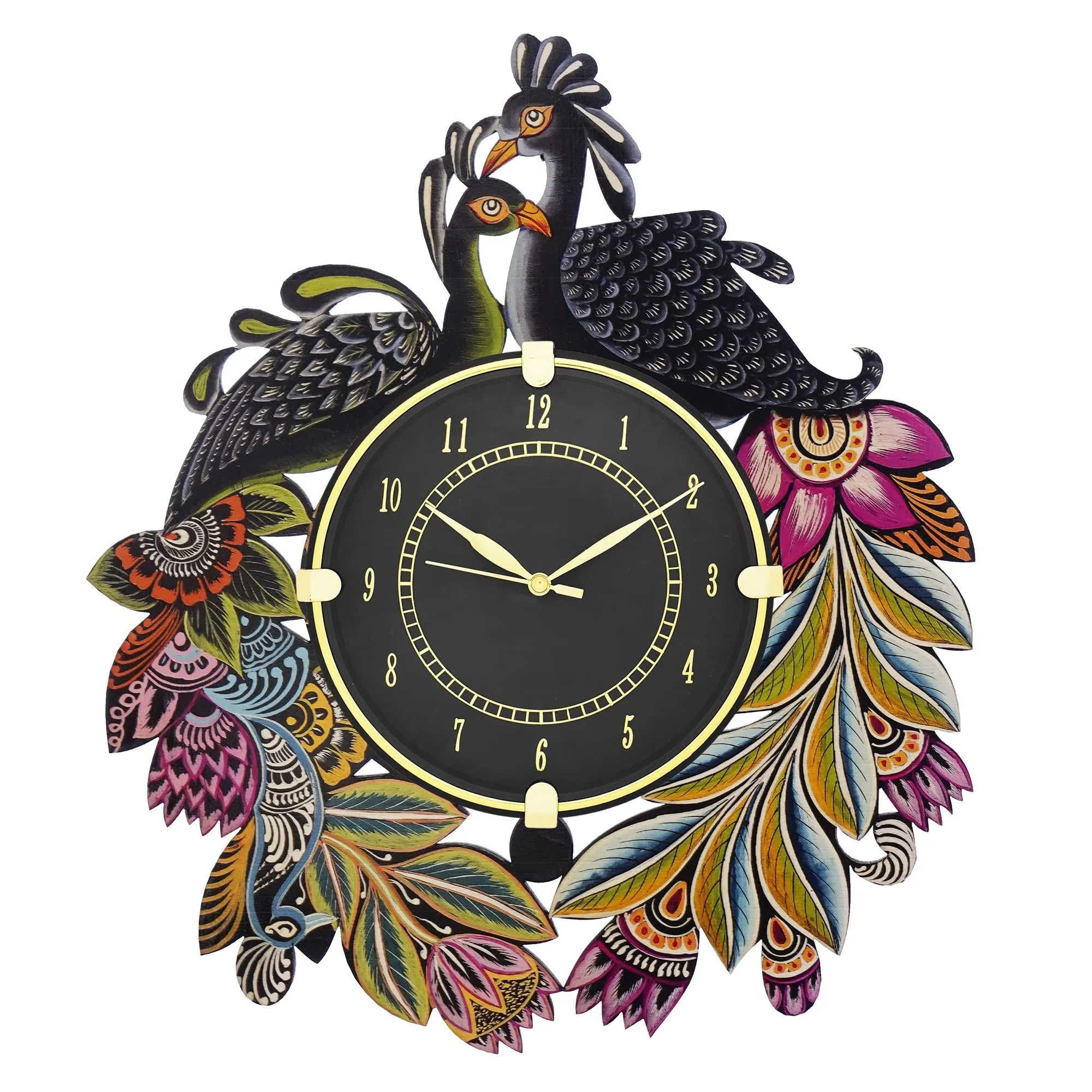 CIRCADIAN Ajanta Peacock Design Wall Clock for Home décor Living Room Hall Office Bedroom Fancy Stylish Antique Wooden Watch Hand Made Multicolour 38 x 33 cm Pack of 1