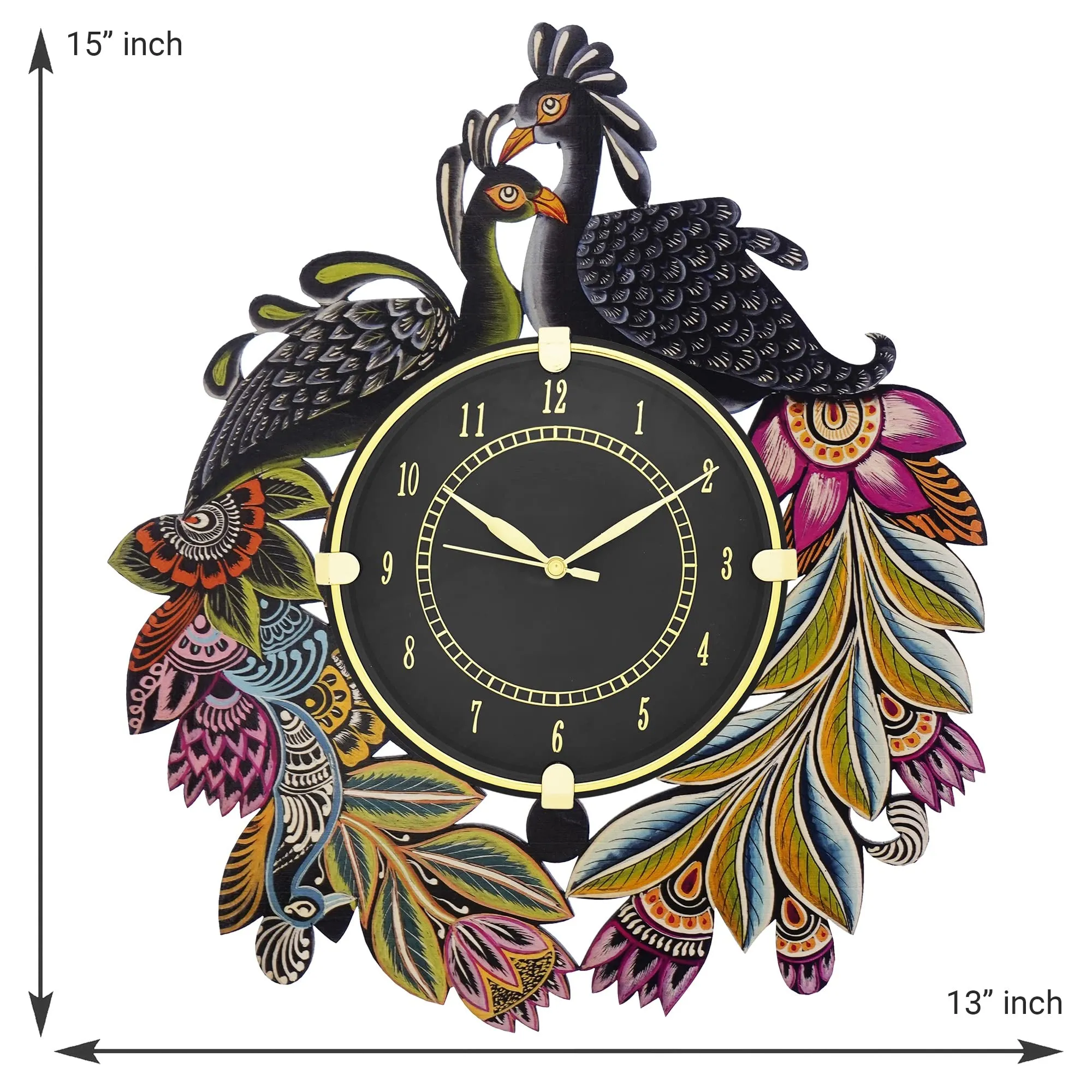 CIRCADIAN Ajanta Peacock Design Wall Clock for Home décor Living Room Hall Office Bedroom Fancy Stylish Antique Wooden Watch Hand Made Multicolour 38 x 33 cm Pack of 1