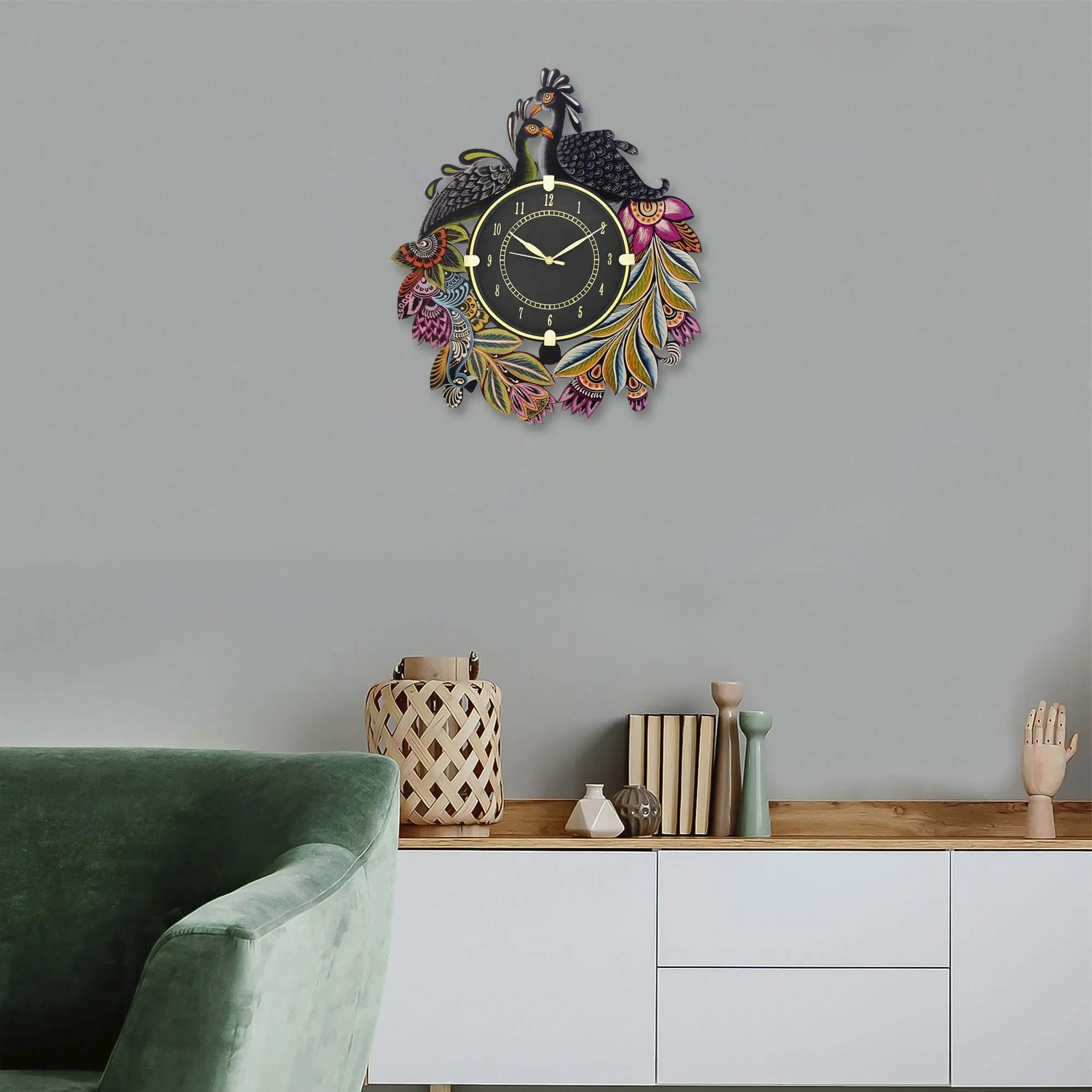 CIRCADIAN Ajanta Peacock Design Wall Clock for Home décor Living Room Hall Office Bedroom Fancy Stylish Antique Wooden Watch Hand Made Multicolour 38 x 33 cm Pack of 1