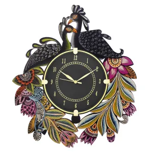 CIRCADIAN Ajanta Peacock Design Wall Clock for Home décor Living Room Hall Office Bedroom Fancy Stylish Antique Wooden Watch Hand Made Multicolour 38 x 33 cm Pack of 1