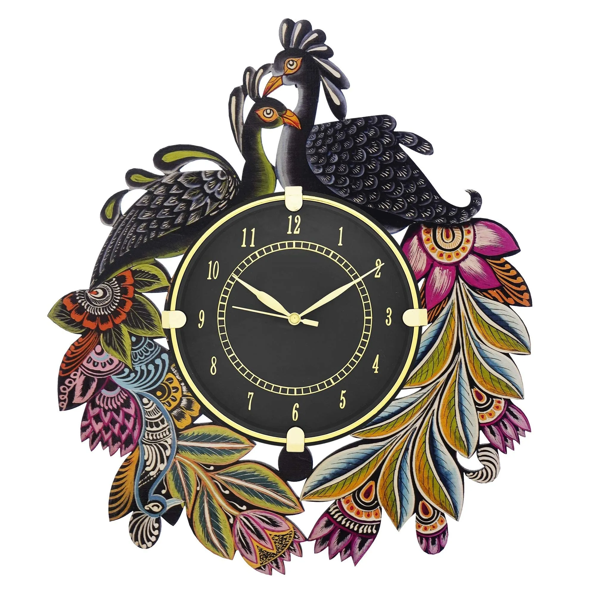 CIRCADIAN Ajanta Peacock Design Wall Clock for Home décor Living Room Hall Office Bedroom Fancy Stylish Antique Wooden Watch Hand Made Multicolour 38 x 33 cm Pack of 1