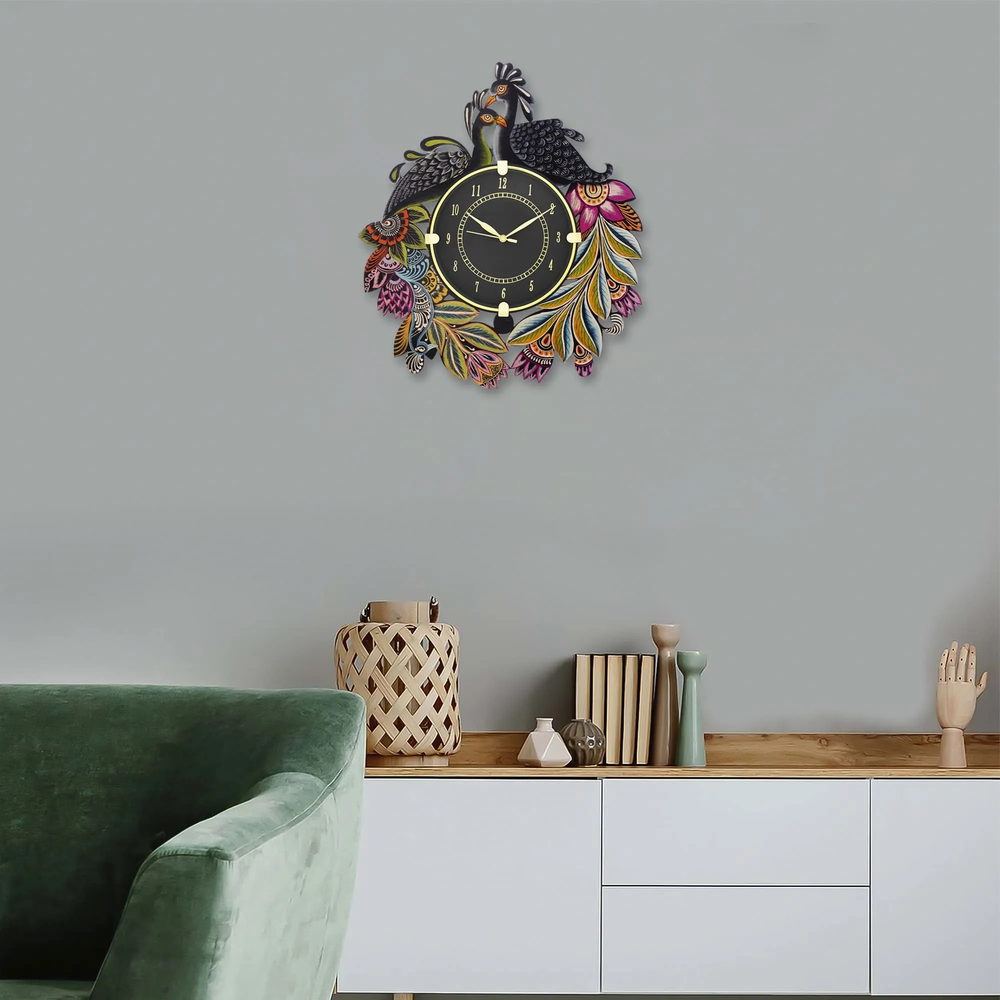 CIRCADIAN Ajanta Peacock Design Wall Clock for Home décor Living Room Hall Office Bedroom Fancy Stylish Antique Wooden Watch Hand Made Multicolour 38 x 33 cm Pack of 1