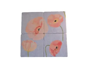 Coaster Set of 4 - Peach Poppies on Grey