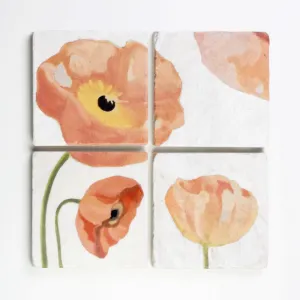 Coaster Set of 4 - Peach Poppies on Snow