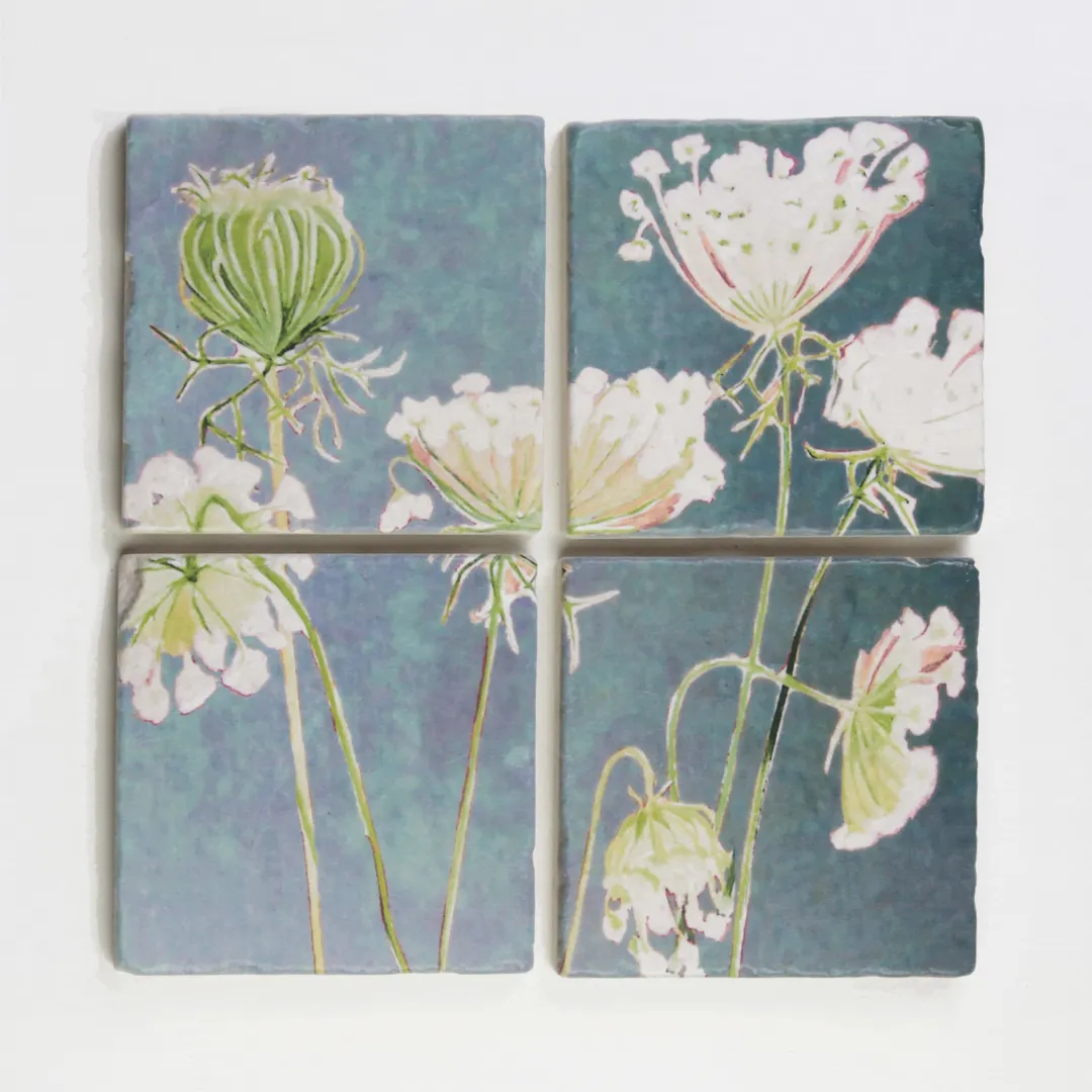 Coaster Set of 4 - Queen Anne's Lace on Teal