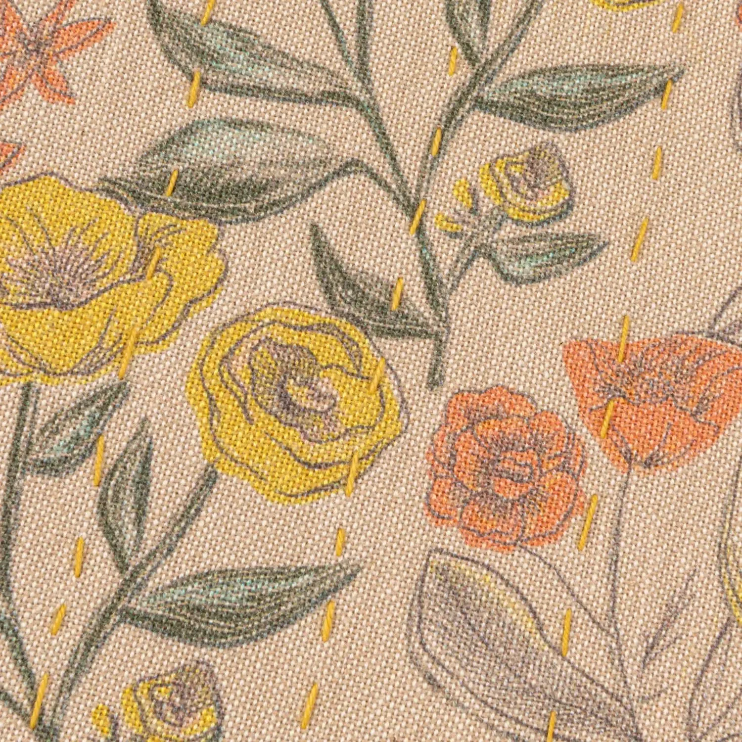 Cotton Chambray Floral Pillow With Kantha Stitch