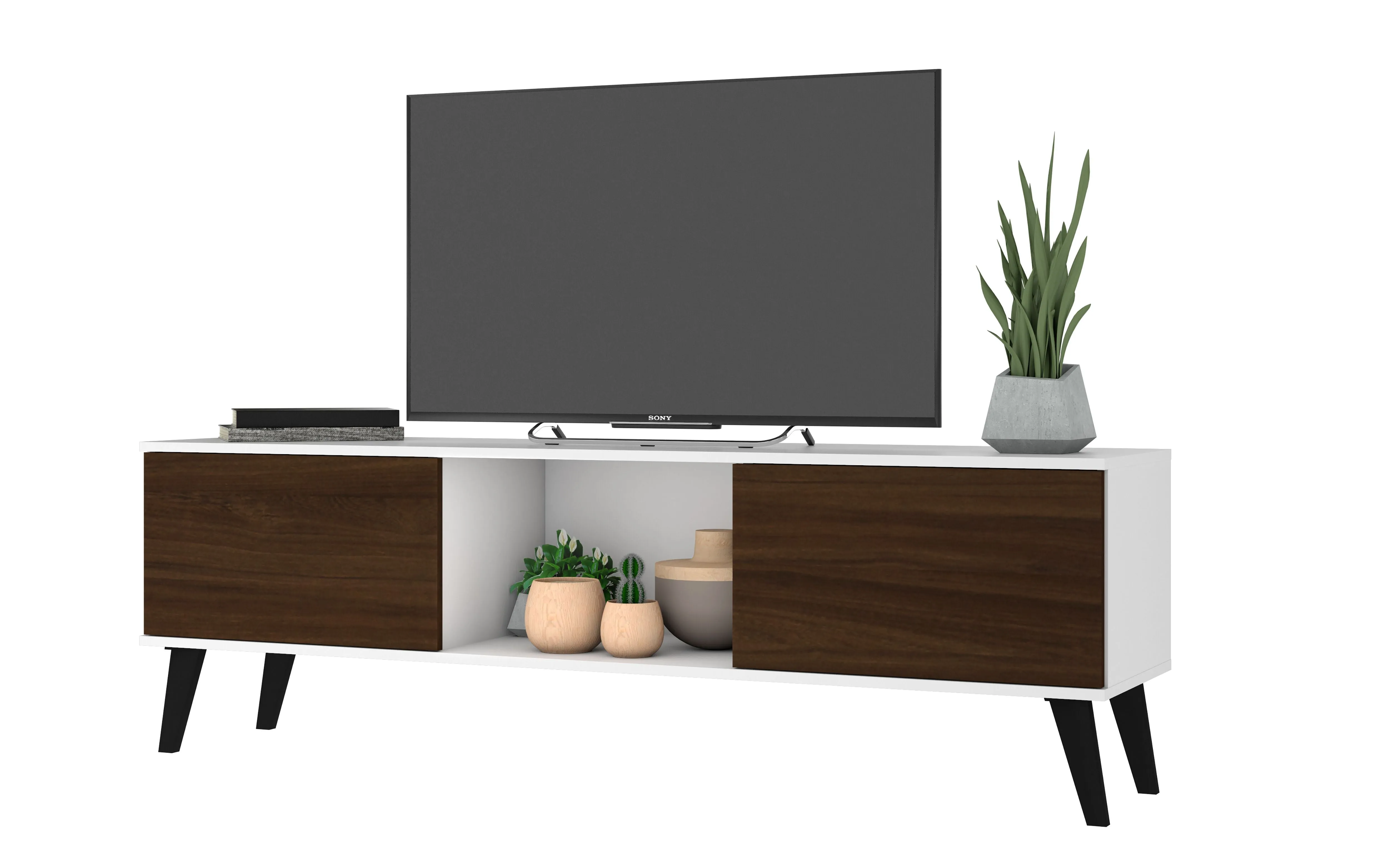 Doyers 62.20 Mid-Century Modern TV Stand in White and Nut Brown