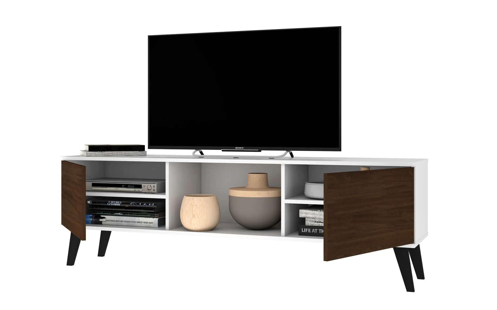 Doyers 62.20 Mid-Century Modern TV Stand in White and Nut Brown