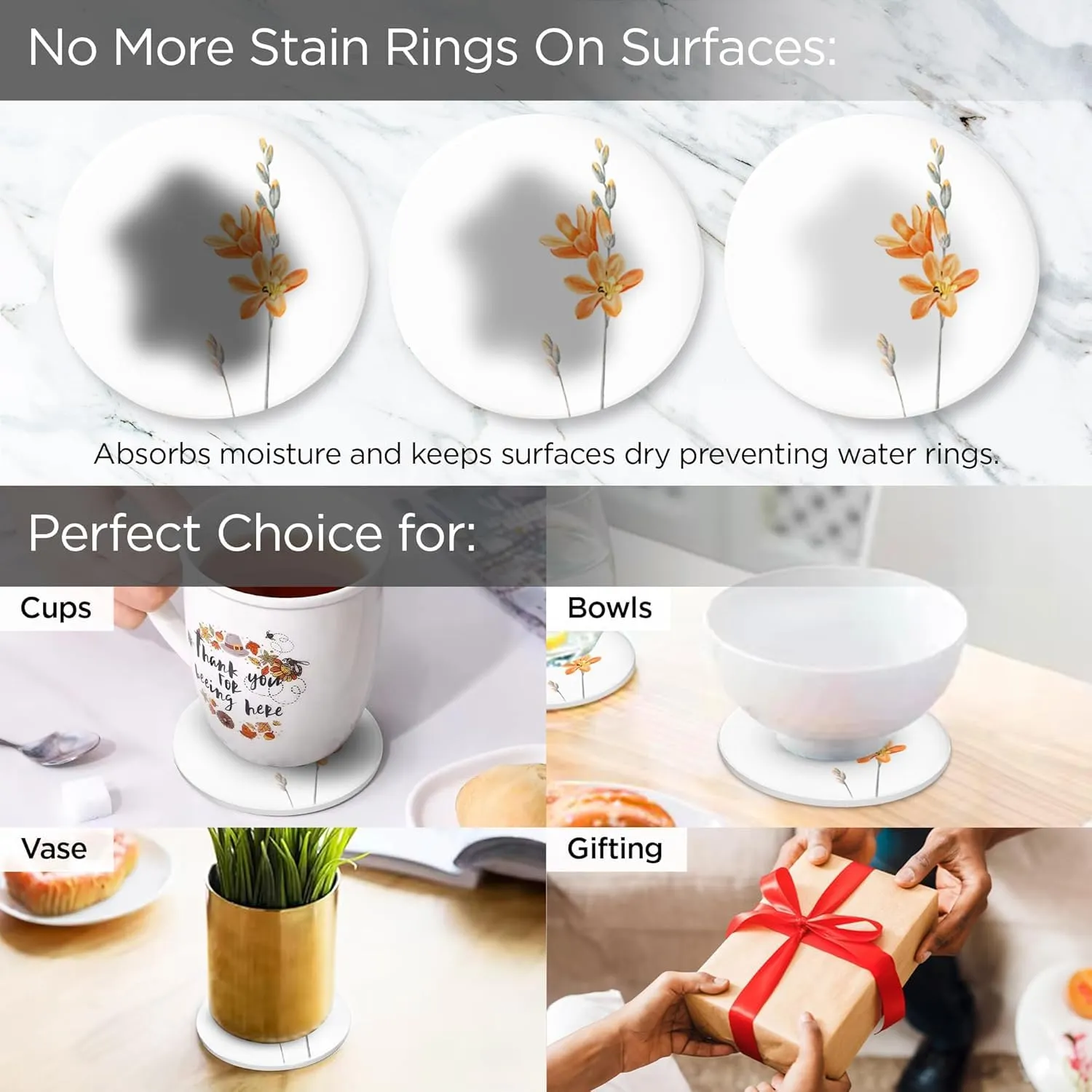 Ekhasa Diatomite Coffee Tea Coasters Set of 6 with Cork Base & Steel Holder | Coasters for Dining Table, Hot Pots | Table Coasters Decorative Items for Home Decoration | Cup Cover Lid for Glass, Cup