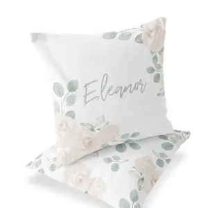 Eleanor's Sage and Ivory Floral Personalized Name Throw Pillow