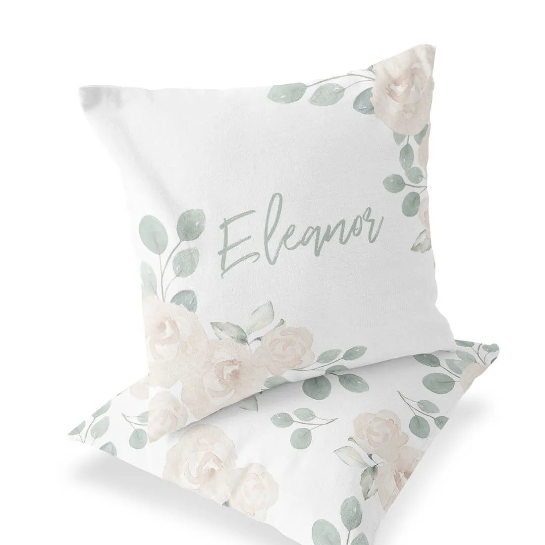 Eleanor's Sage and Ivory Floral Personalized Name Throw Pillow