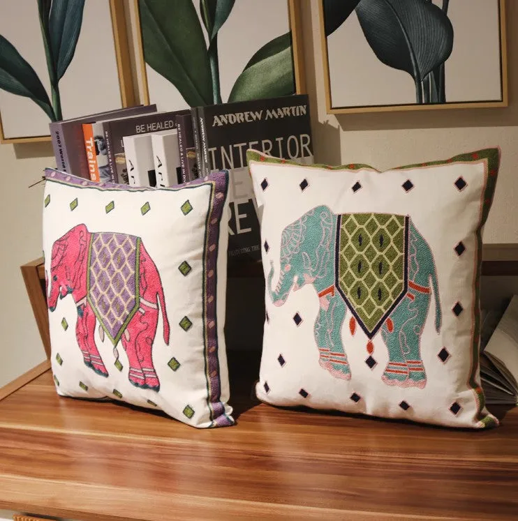Elephant Embroider Cotton Pillow Covers, Farmhouse Decorative Sofa Pillows, Cotton Decorative Pillows, Decorative Throw Pillows for Couch