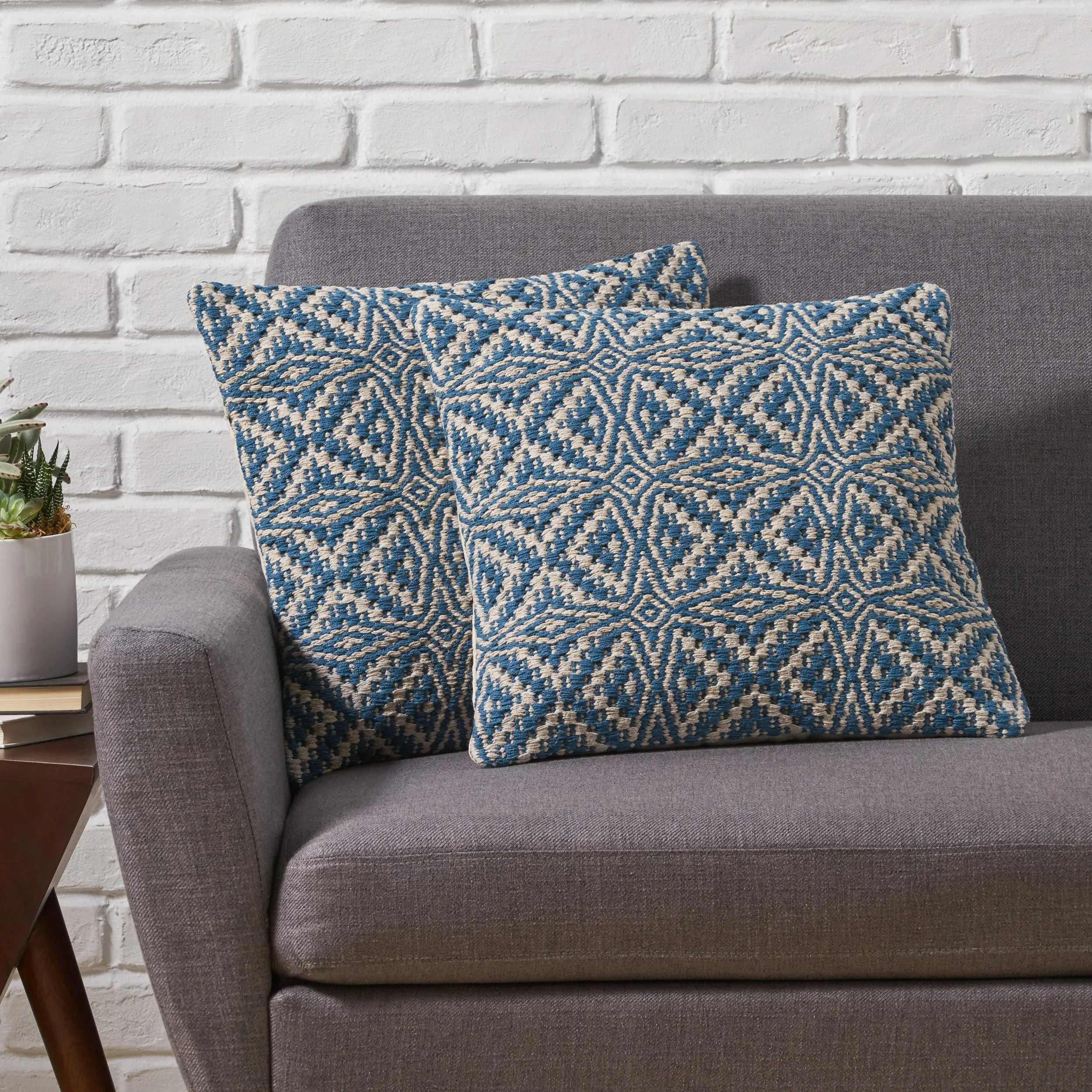 Ellie Boho Cotton Throw Pillow (Set of 2), Blue and White