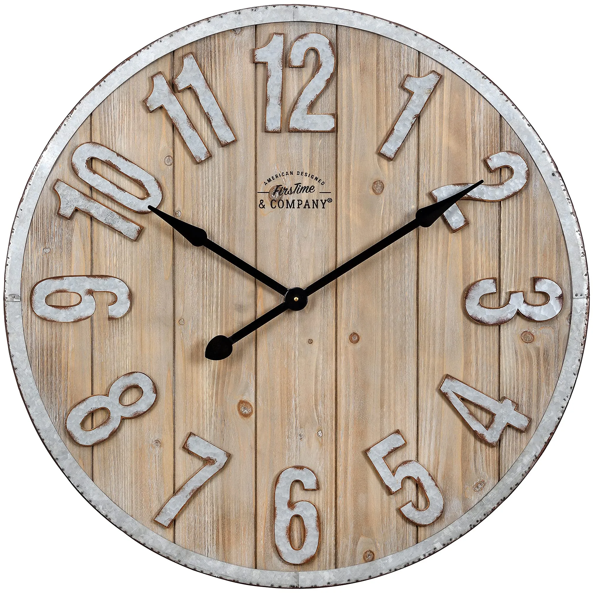 FirsTime & Co. Silver Bellingham Shiplap Wall Clock for Home Office, School, Kitchen, Living Room, Bedroom, Round, Metal, Farmhouse, 34 x 2 x 34 inches